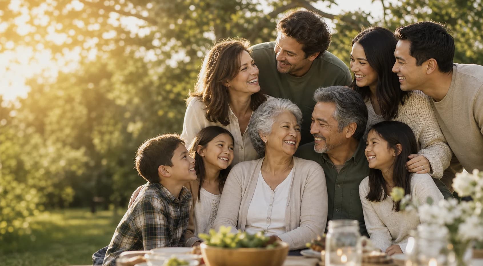 A multigenerational family gathered together in warm outdoor light.