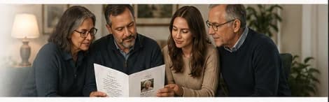 Family reviewing a printed memorial program together.