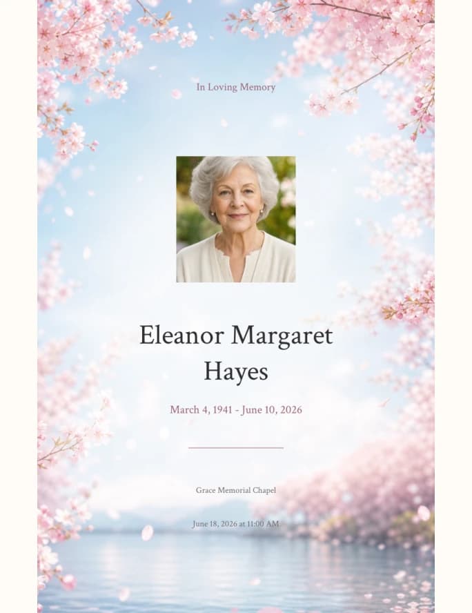 Cherry Blossom funeral program template preview