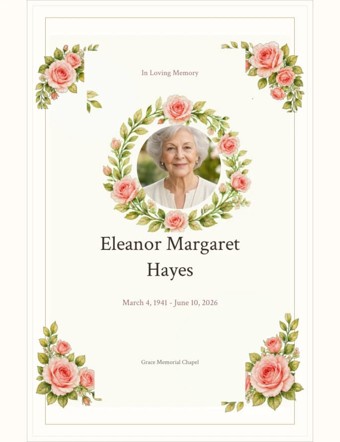 Rose Garden funeral program template preview