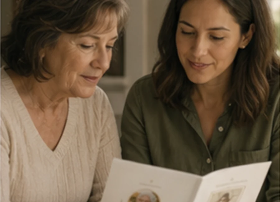 Two family members reviewing memorial papers at a kitchen table while planning a funeral.