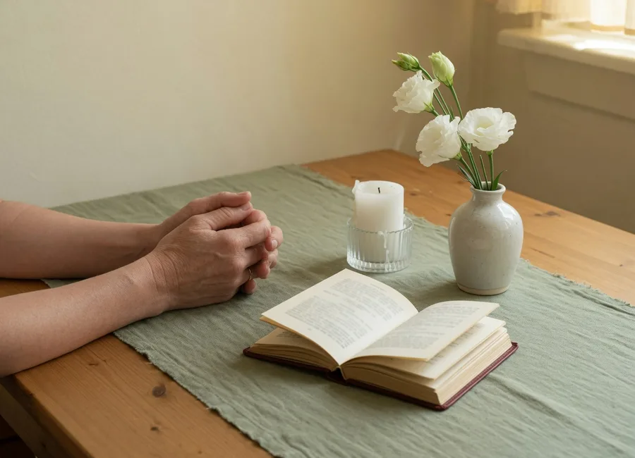 Folded hands beside a prayer book, candle, and white flowers on a linen runner.