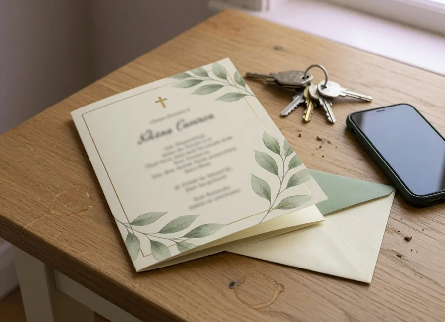 A cream funeral announcement card with sage leaves on a kitchen table beside a phone and keys.