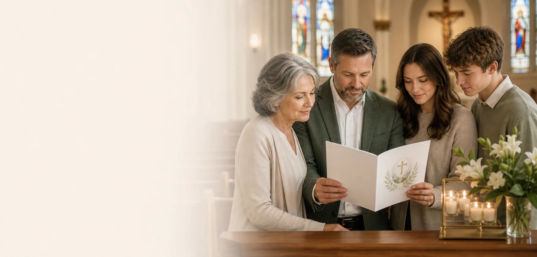 Family reviewing a Catholic funeral Mass program inside a church.