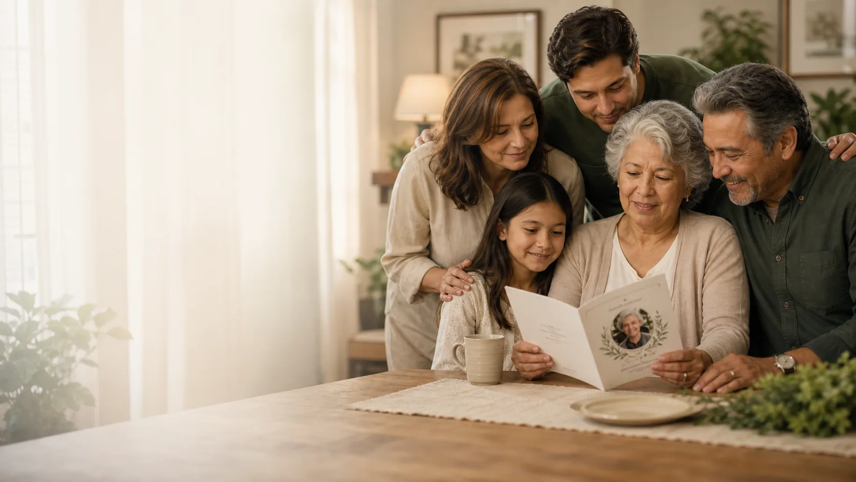 Family reviewing a printed funeral program together.